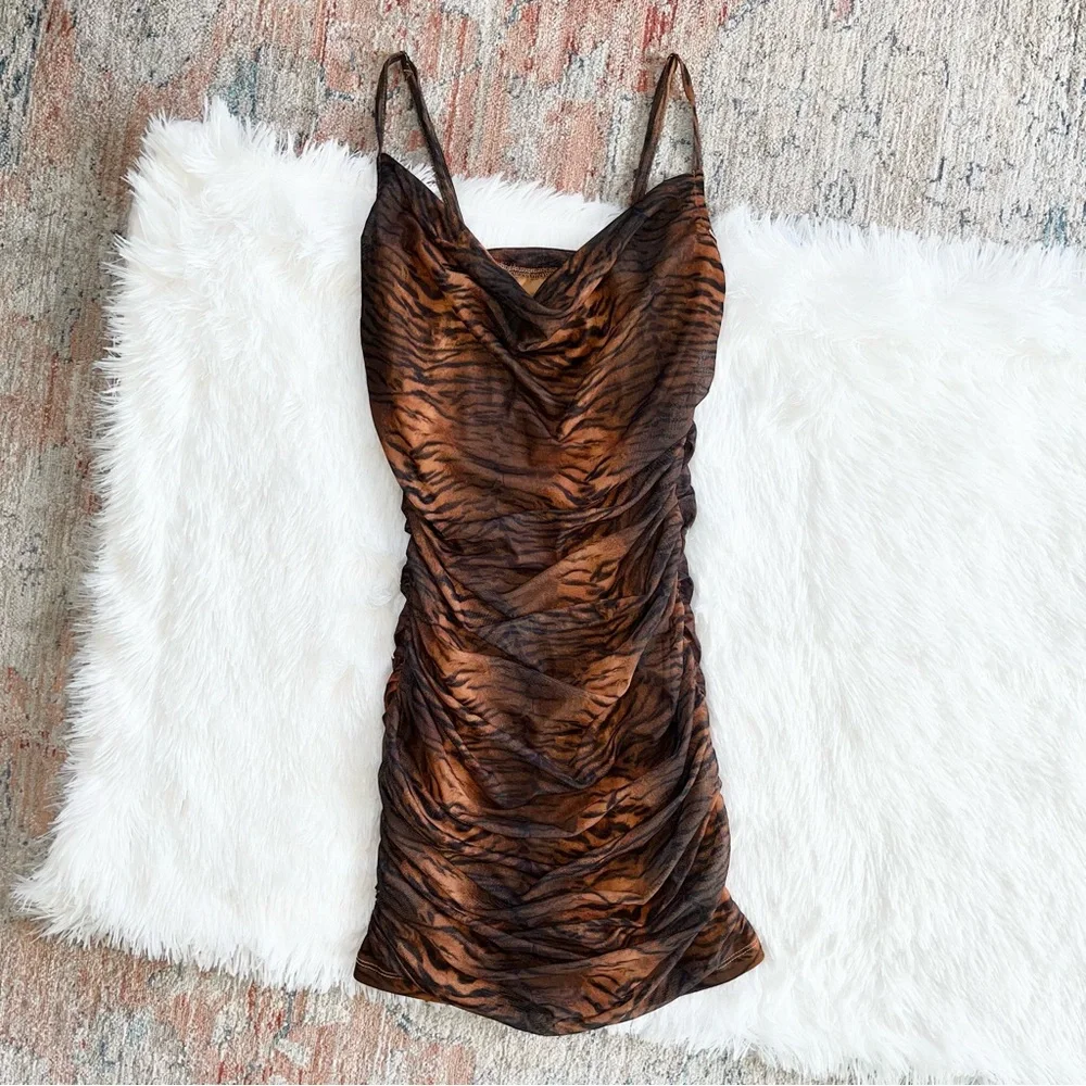 Princess Polly Harlan Mini Dress Tiger Brown 4 - Picture 3 of 5